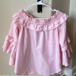 Sara Campbell pink blouse with ruffle sleeves